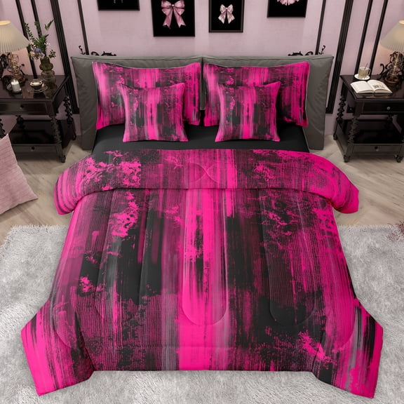 Homewish Modern Fashion Artwork Twin Bedding Sets 7-Piece, Deep Pink Abstract Ombre Bedding Comforter Set, Teens Adult Women Men Reversible Sheet Sets, Microfiber Bedroom Decor
