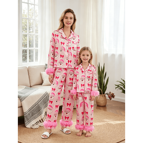 Mommy and Me Matching PJs Bow Santa Print Button Lapel Long Sleeve Top Pants Family Sleepwear