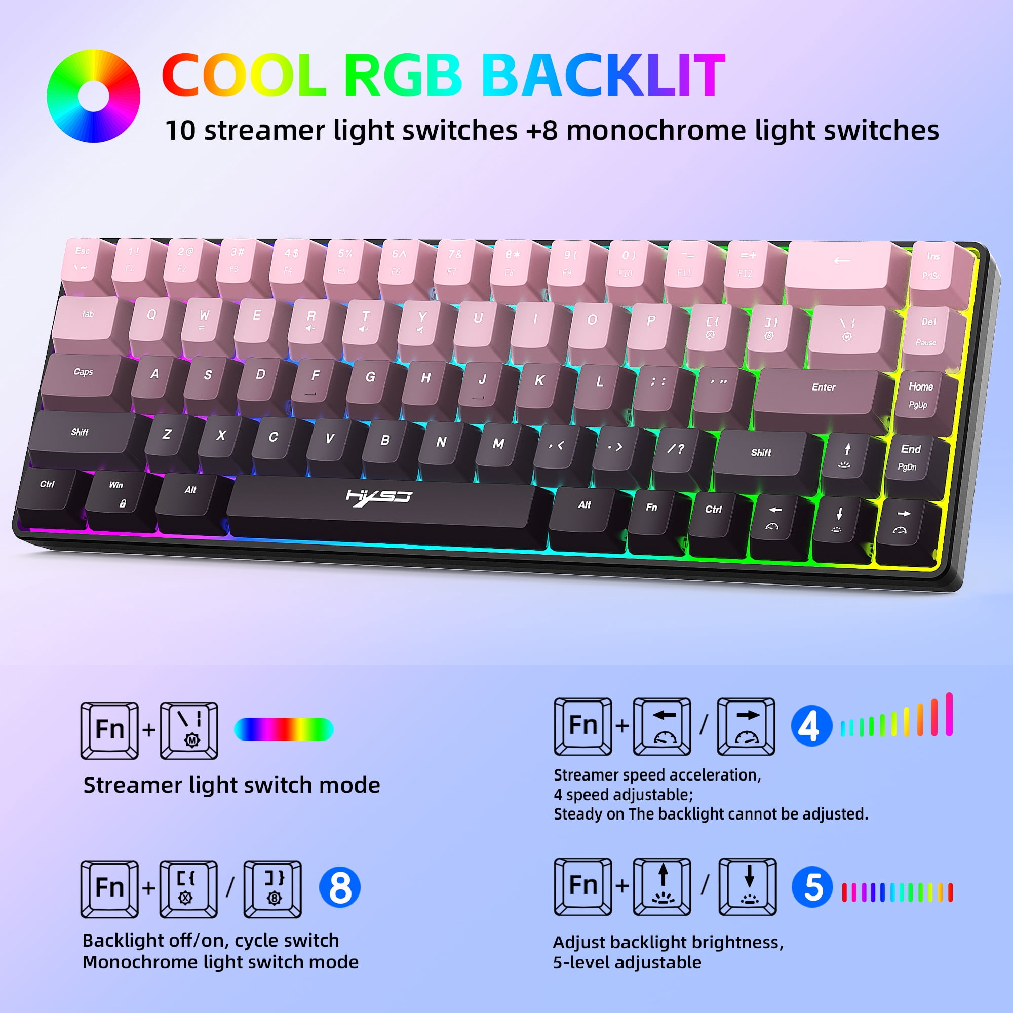 Gaming Keyboard Wired,60% 68 Keys Mini Keyboard Multimedia & Anti-ghosting Keys for Windows Computer Laptop PC Mac Gamer,Pink and Black