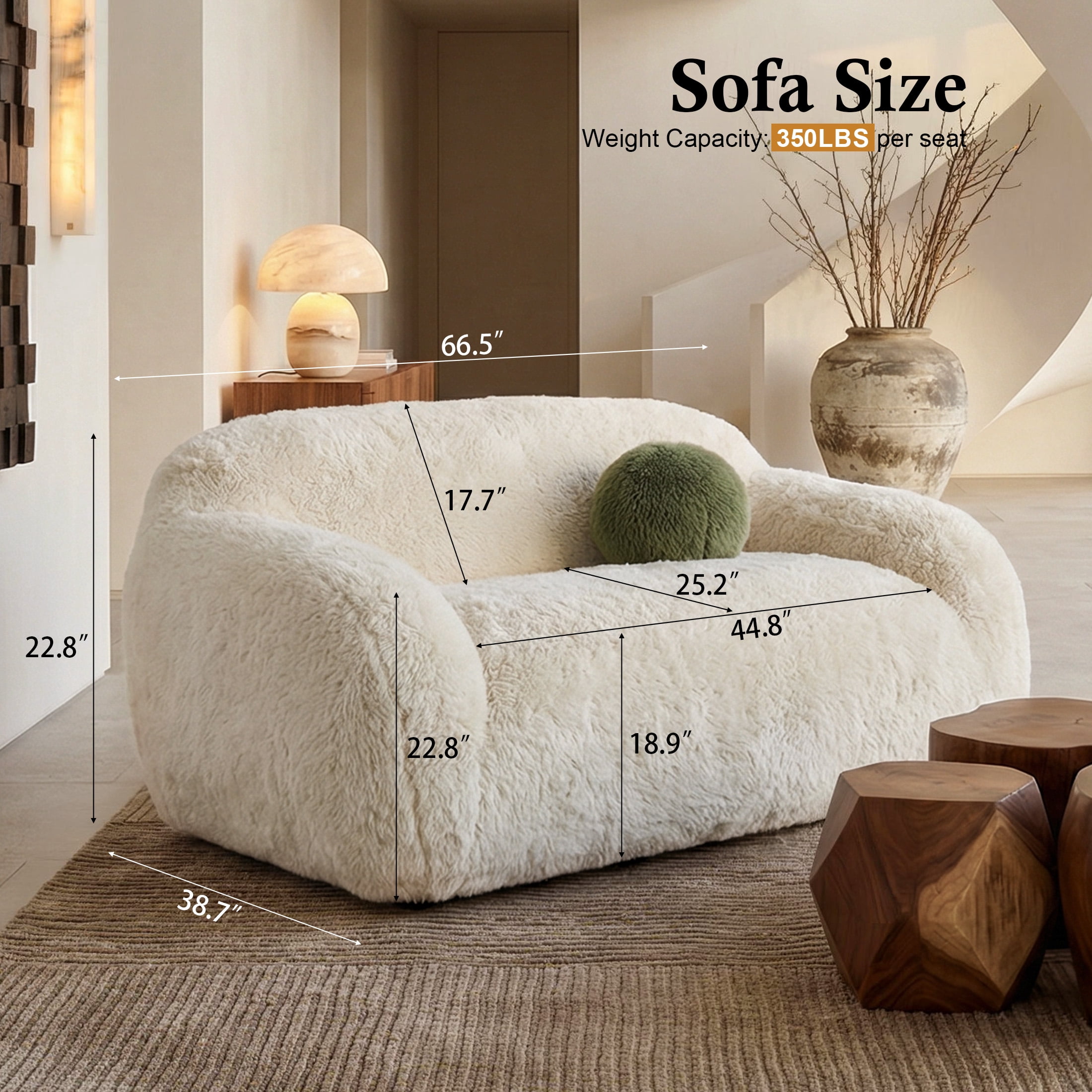 Aukfa Contemporary Plush Faux Fur Sofa, Could-Comfort Loveseat, 25" Deep Seat, Pet Friendly, Beige