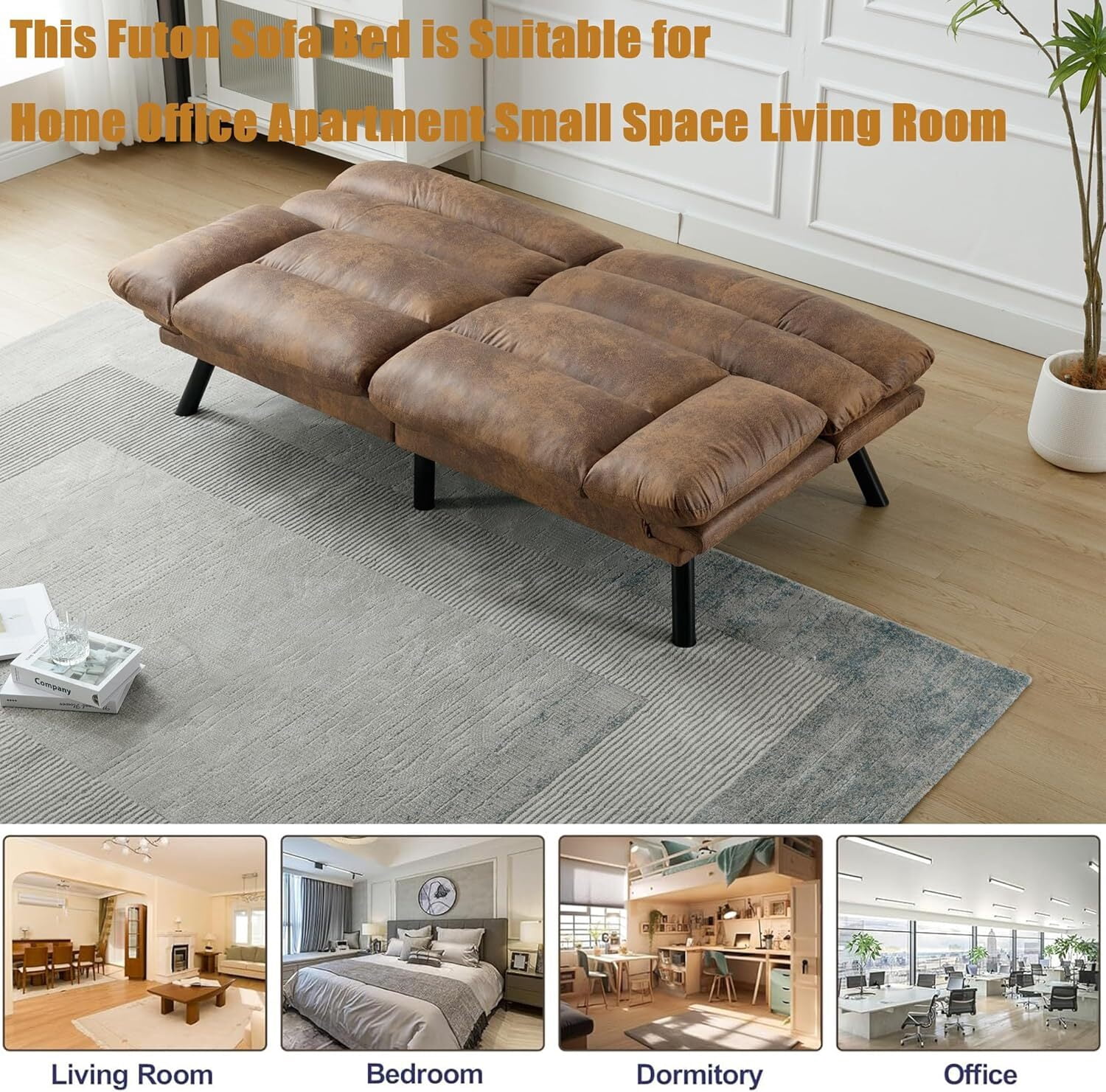 AENKYO Futon Loveseat Sofa Bed 2-Seater, Adjustable Backrest Convertible Sleeper - Brown