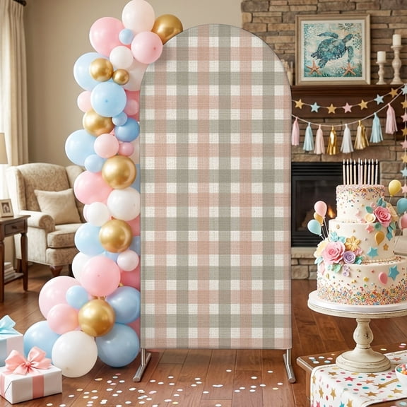 Pink Green Plaid Arch Backdrop Covers 6.6 FT, Retro Country Light Pink Sage Green Plaid Stretchy Fitted Arched Stand Covers Party Arch Stand Cover Photo Booth for Wedding Birthday Decor