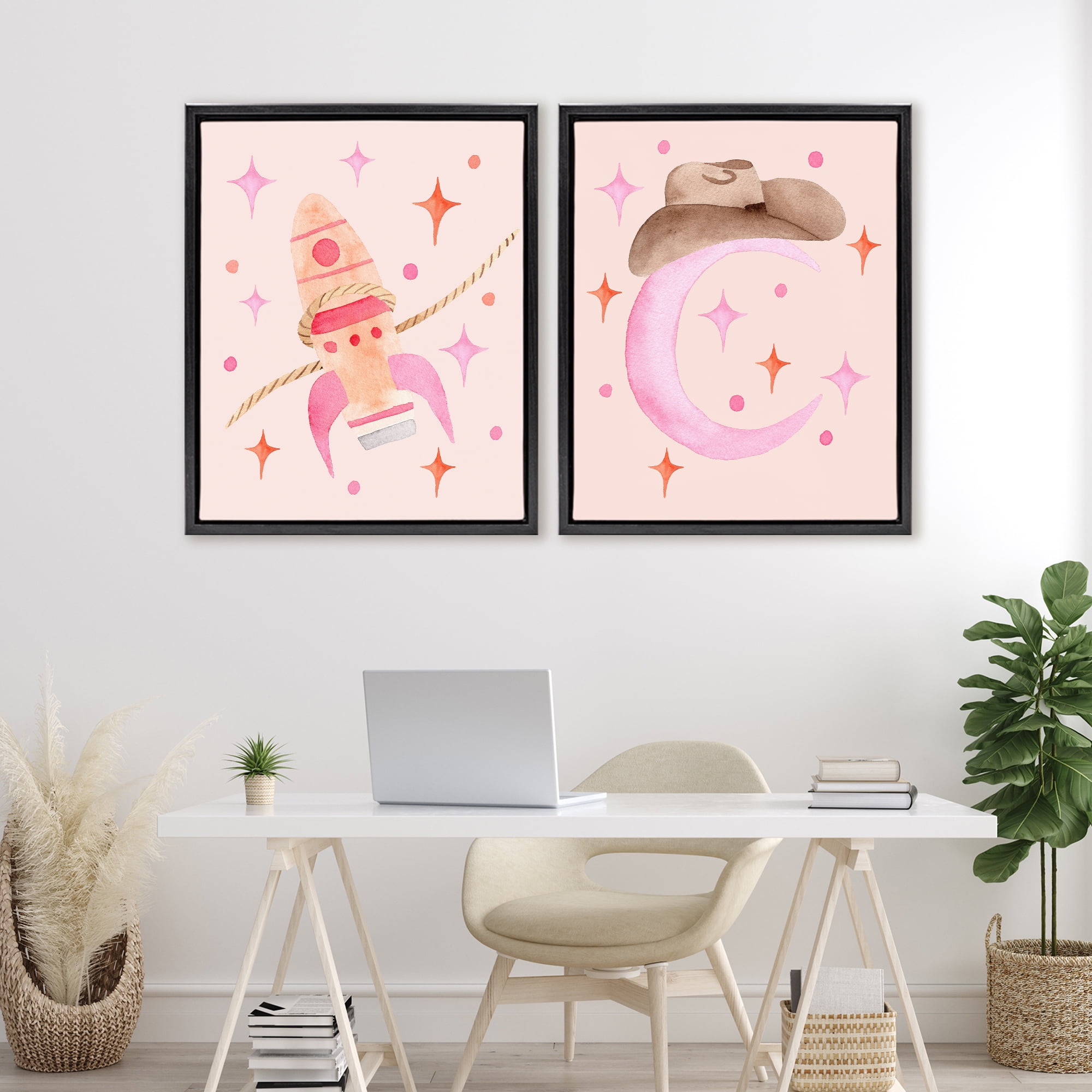 Space Cowgirl Rocket Ship 2 Piece Black Framed Floater Canvas Set, design by Nina Jacobs