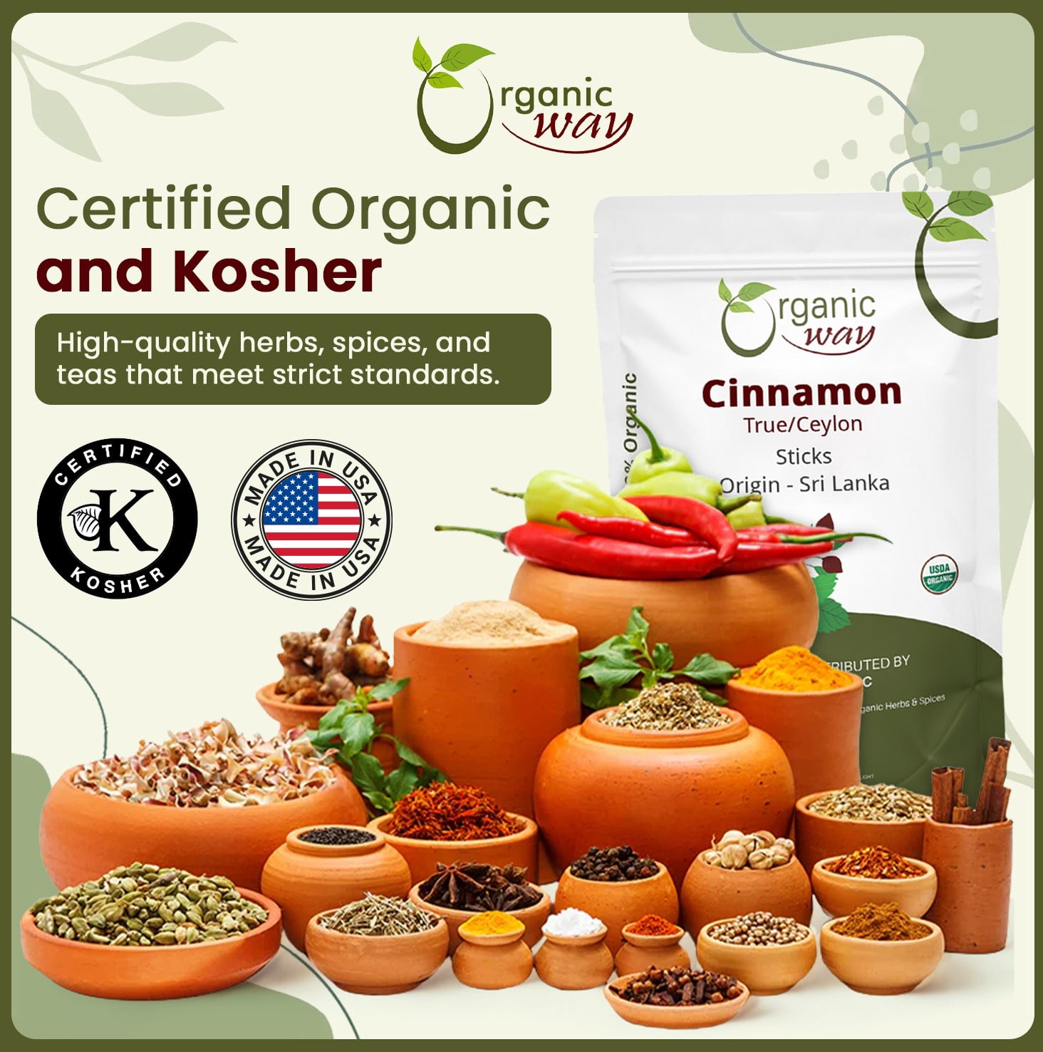 Organic Way True Ceylon Cinnamon Sticks (Cinnamomum Verum) - Adds Flavour | Organic & Kosher Certified | Raw, Vegan, Non GMO & Gluten Free | USDA Certified | Origin - Sri Lanka (1LBS / 16Oz)