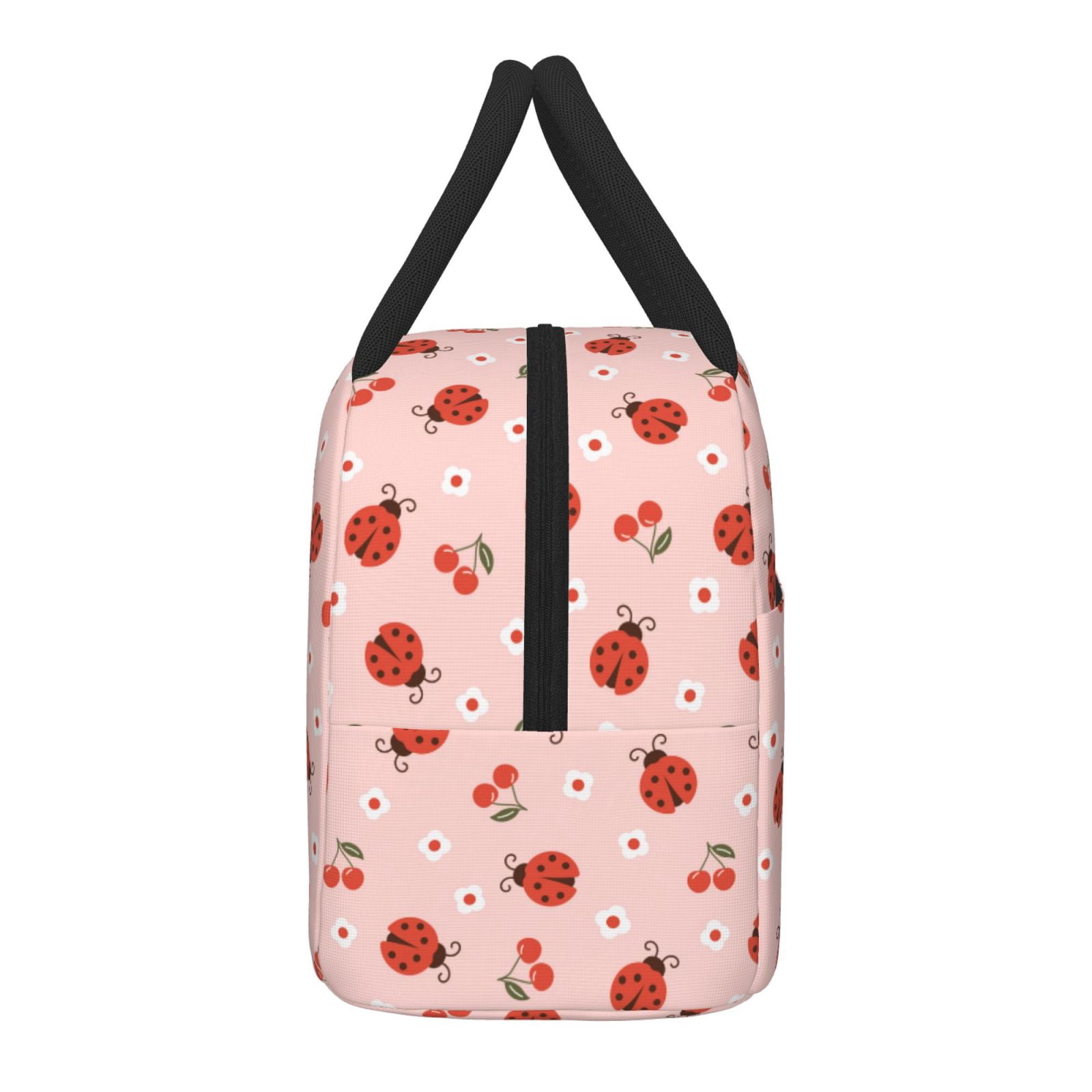 Horeoi Ladybug With Flower Pattern Large Insulated Lunch Bag for Work, School, Picnic - Waterproof, Durable Oxford Cloth, Comfortable Handle-Black
