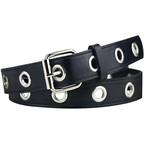 Double Grommet Belt for Women Men - PU Leather Double Prong Buckle Vintage Punk Rock Jeans Belts