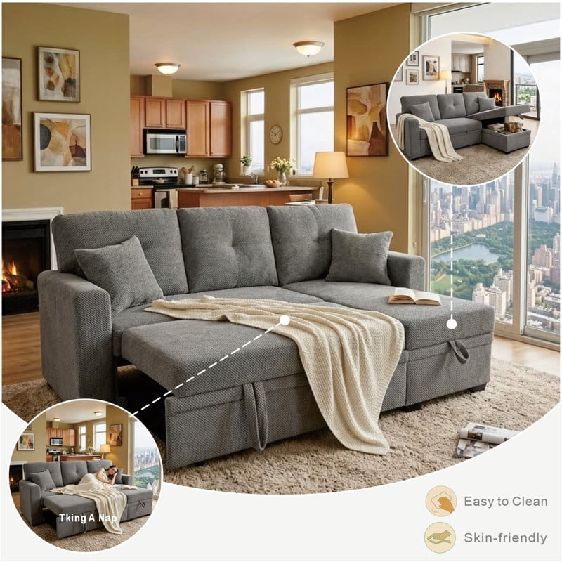 L-Shaped Sectional Sofa with Pull-Out Bed and Reversible Chaise, Convertible Sleeper Sofa Bed Modern Couch Bed for Living Room Apartment