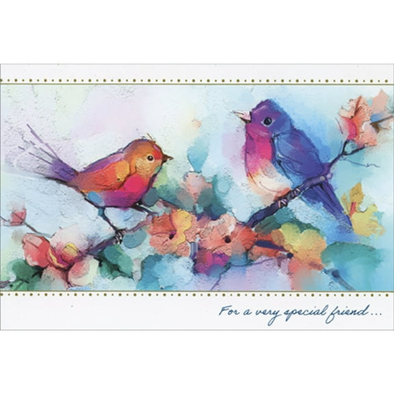 Pictura Watercolor Purple, Red and Orange Birds on Floral Branch Birthday Card for Friend