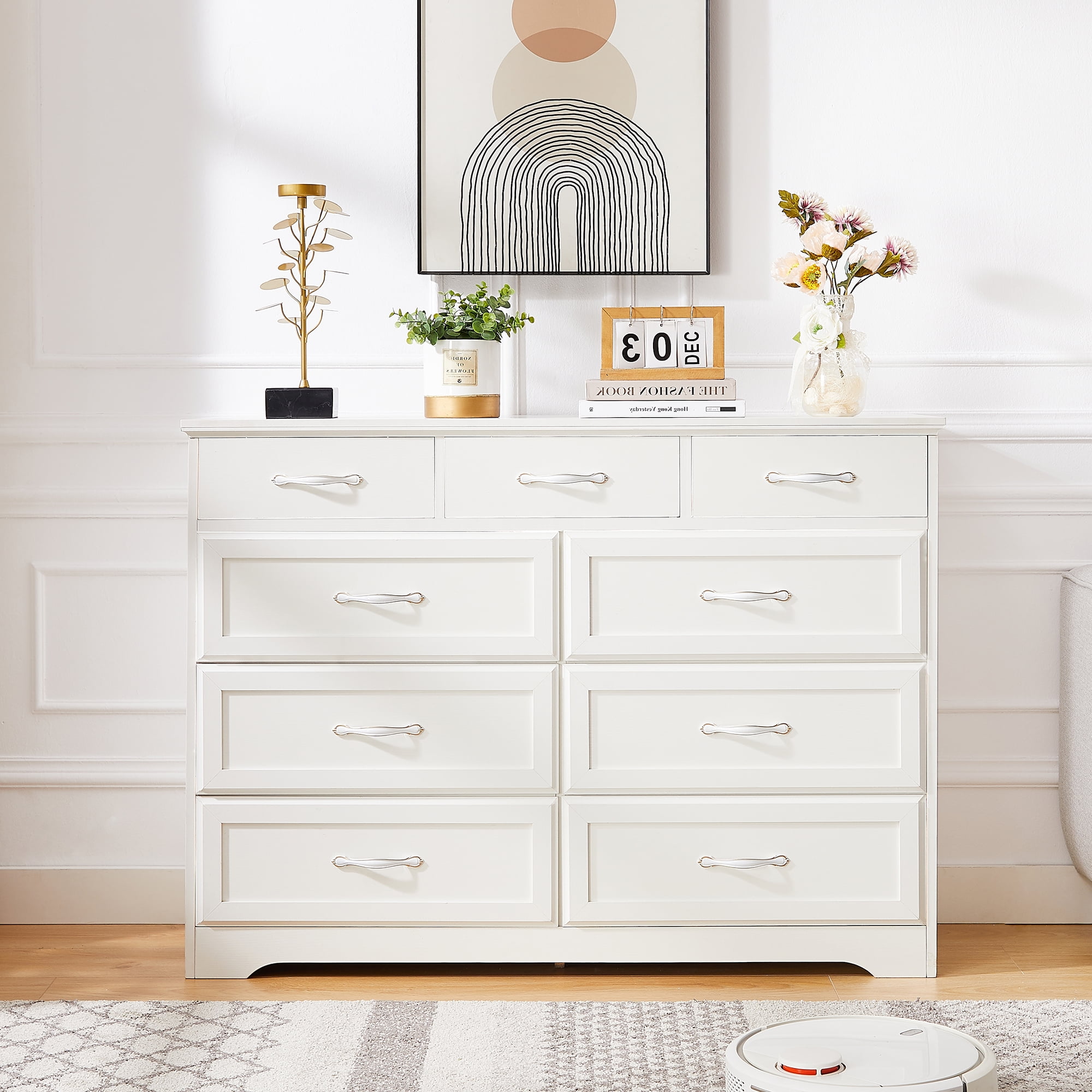 Kadyn 9 Drawer Long Dresser, Nursery Dresser with Antique Handles, Chest Of Drawers for Kids Room, Entry And Hallway, White Kadyn 9 Drawer Long Dresser, Nursery Dresser with Antique Handles, Chest Of Drawers for Kids Room, Entry And Hallway, White