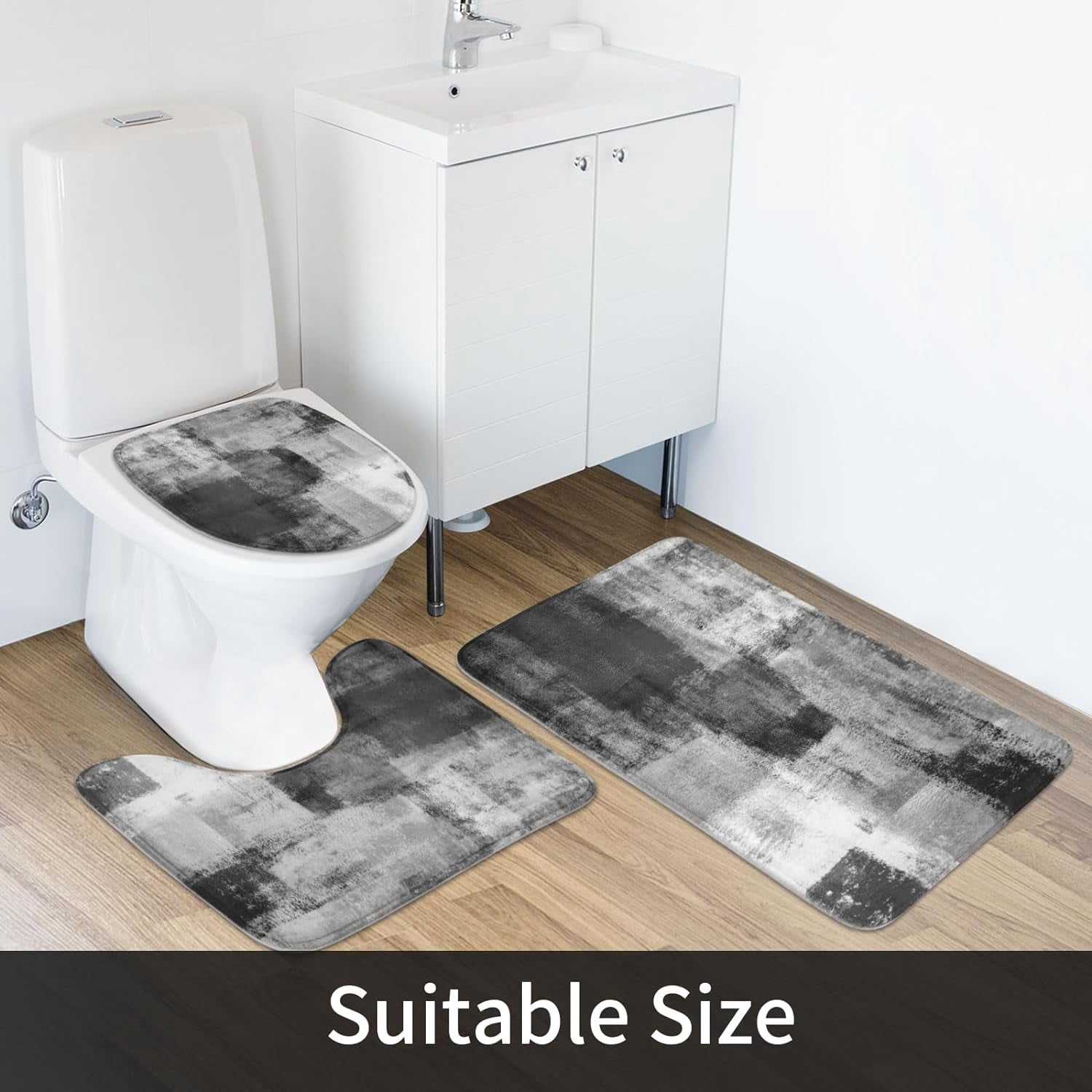 4 Pcs Grey Bathroom Sets with Shower Curtain and Rugs, Abstract Shower Curtain Sets with Rugs for Chic Bathroom Decor,  Grunge Bathroom Decor Curtain Sets with Mats and Accessories