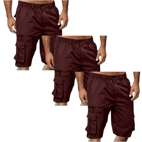 Havenre Pack of 3Pcs Cargo Shorts for Men Big and Tall Regular Fit Casual Outdoor Hiking Pants Lightweight Button Elastic Waist Knee Length Bermuda Shorts with Multi-Pockets Wine M