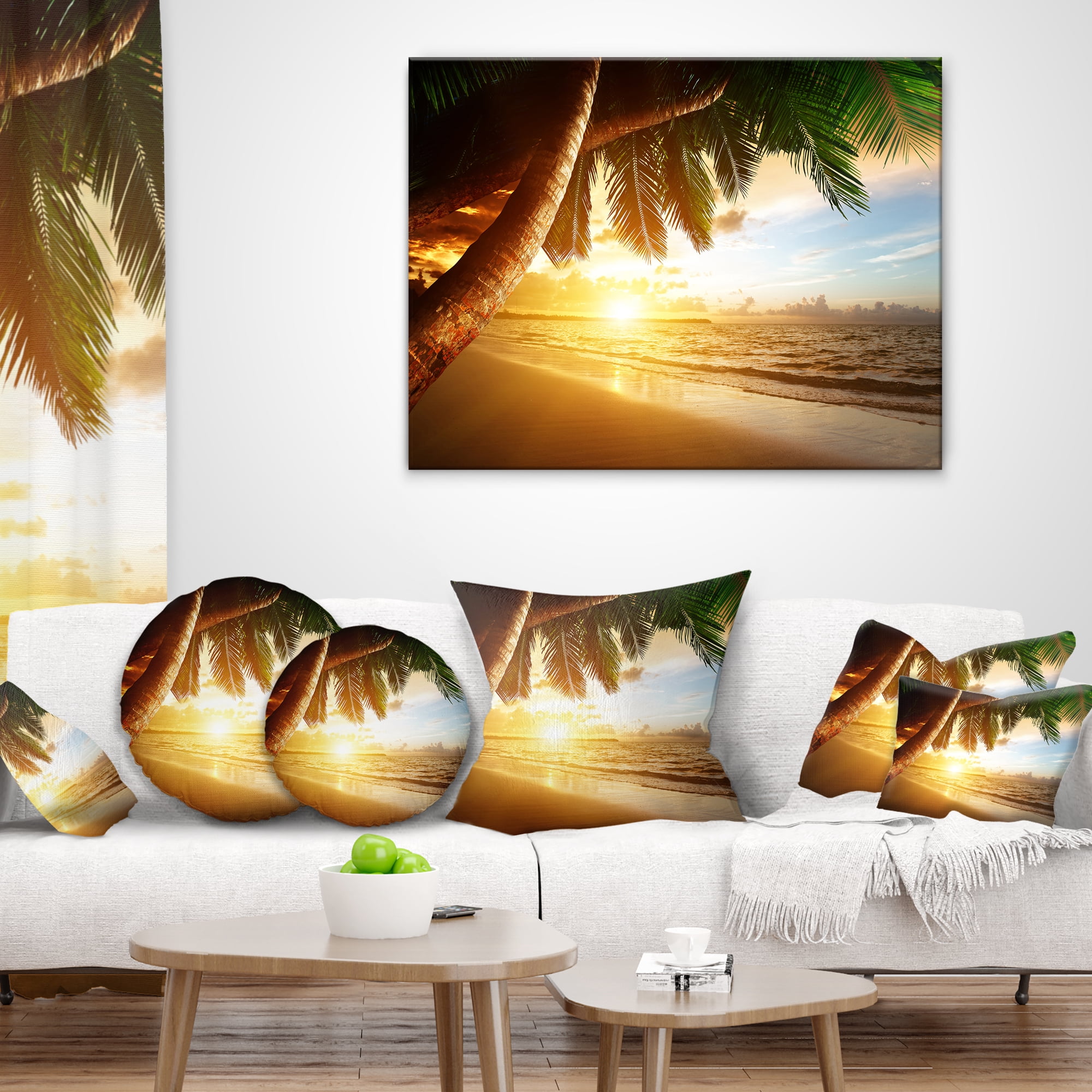 Designart Beautiful Beach under Palms - Modern Seashore Throw Pillow - 18x18