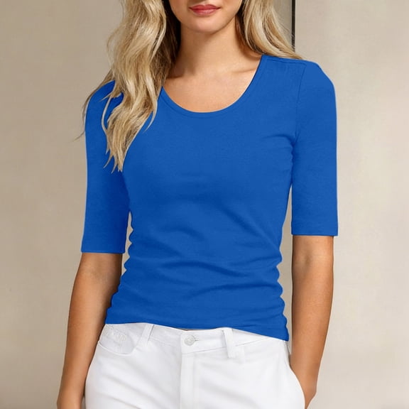 Women'S T Shirts Slim Fit Mid Length Sleeve T Shirt Soft Basic Round Neck Top For Summer Casual Wear Comfortable Stretchy Tee Blue 5XL