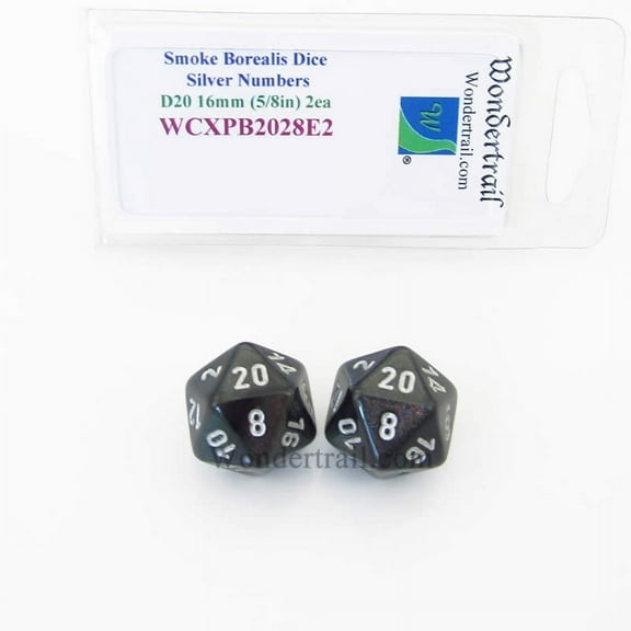 Smoke Borealis Dice with Silver Numbers D20 Aprox 16mm (5/8in) Pack of 2 Wondertrail