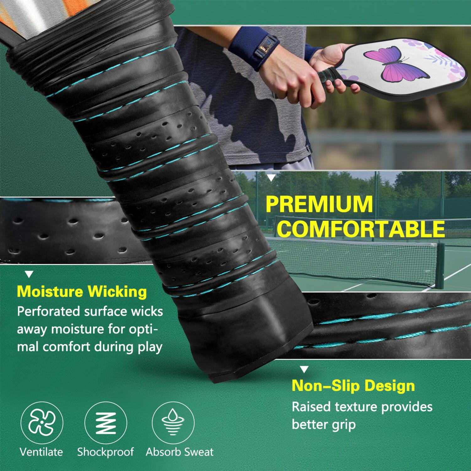 Pickleball Paddles Set Of 1, Fiberglass Surface, Butterfly Print, 1 Paddle, 2 Balls & Bag