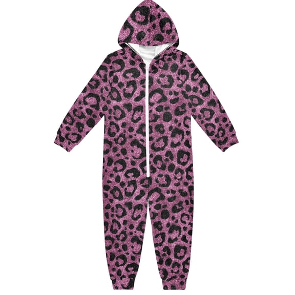 Soft Big Kids Onesie Pajamas Cozy Loose-Fit Jumpsuits for kids with Pockets for Christmas Lounge & Play Pink Glitter Cheetah Print
