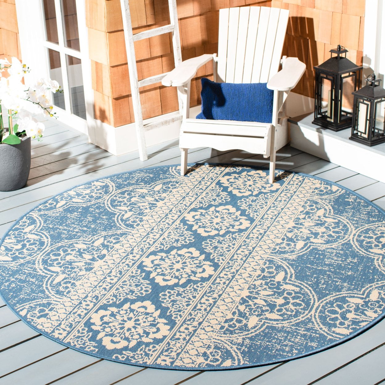 SAFAVIEH Beach House Kiaran Southwestern Indoor/Outdoor Area Rug Cream/Blue, 6'7" x 6'7" Round
