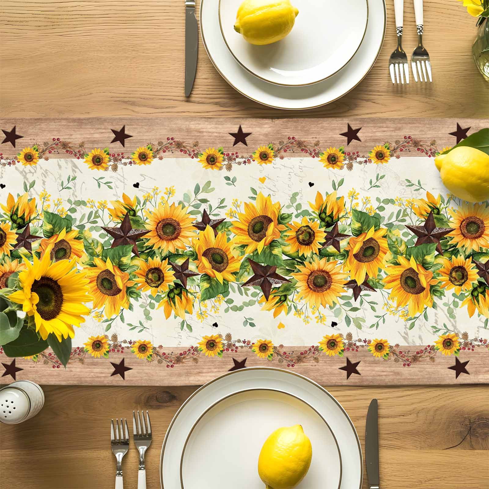 Retro Sunflower Bee Country Star Table Runner 90 Inches Long, Farmhouse Wood Grain Table Runners Tabletop Scarf Kitchen Dining Tables Decoration for Home Party Indoor Outdoor