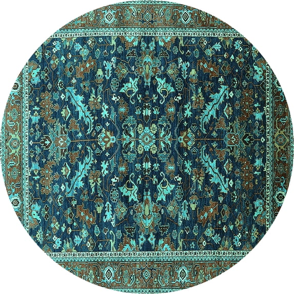 Ahgly Company Machine Washable Indoor Round Oriental Turquoise Blue Industrial Area Rugs, 7' Round