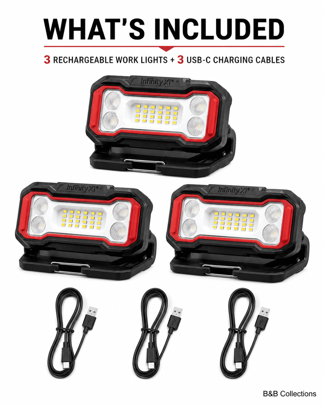 Infinity X1 Rechargeable LED Work Lights, 2500 Lumens, USB-C Rechargeable, Magnetic Base, Adjustable Stand, 3-Pack