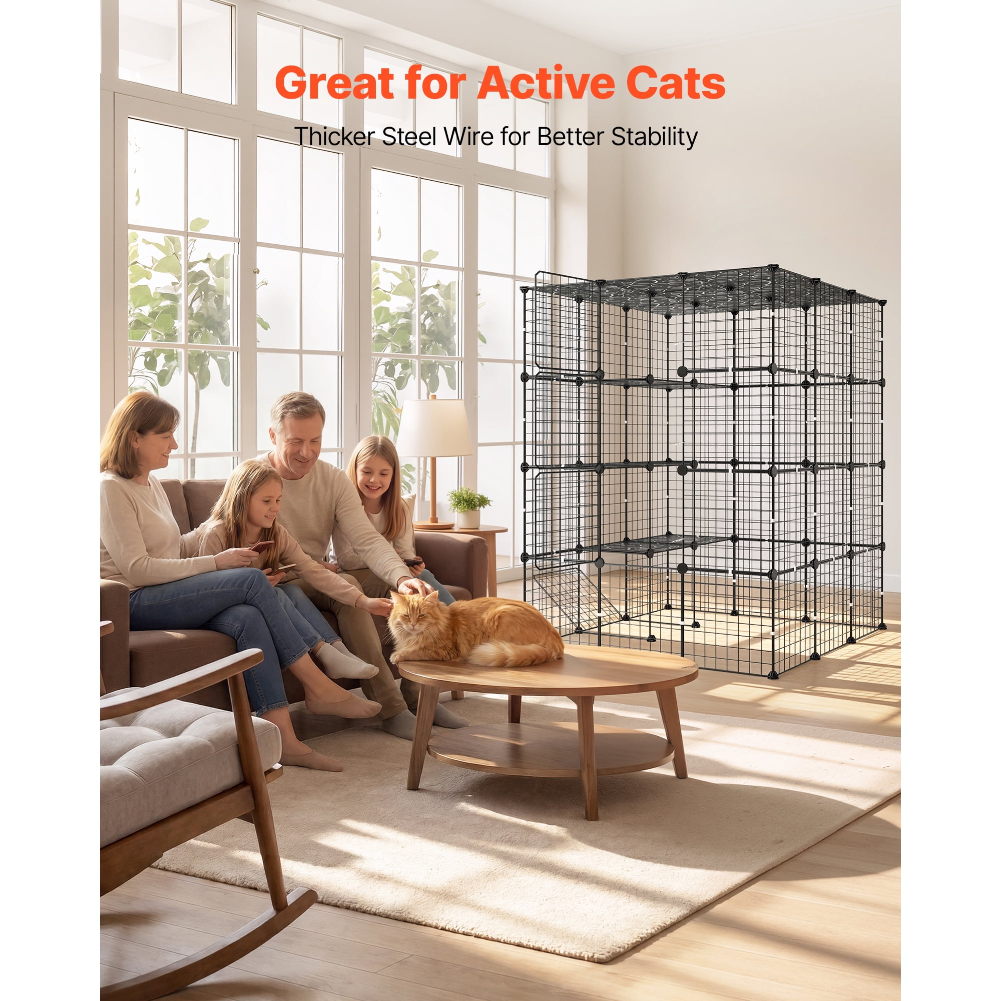 KFFKFF 4-Tier Cat Cage 40.98"x40.98"x55" DIY Indoor Playpen, Detachable Metal Wire Enclosure with 4 Doors, Spacious Exercise Area for 2-3 Cats, Kittens, or Small Pets, Black