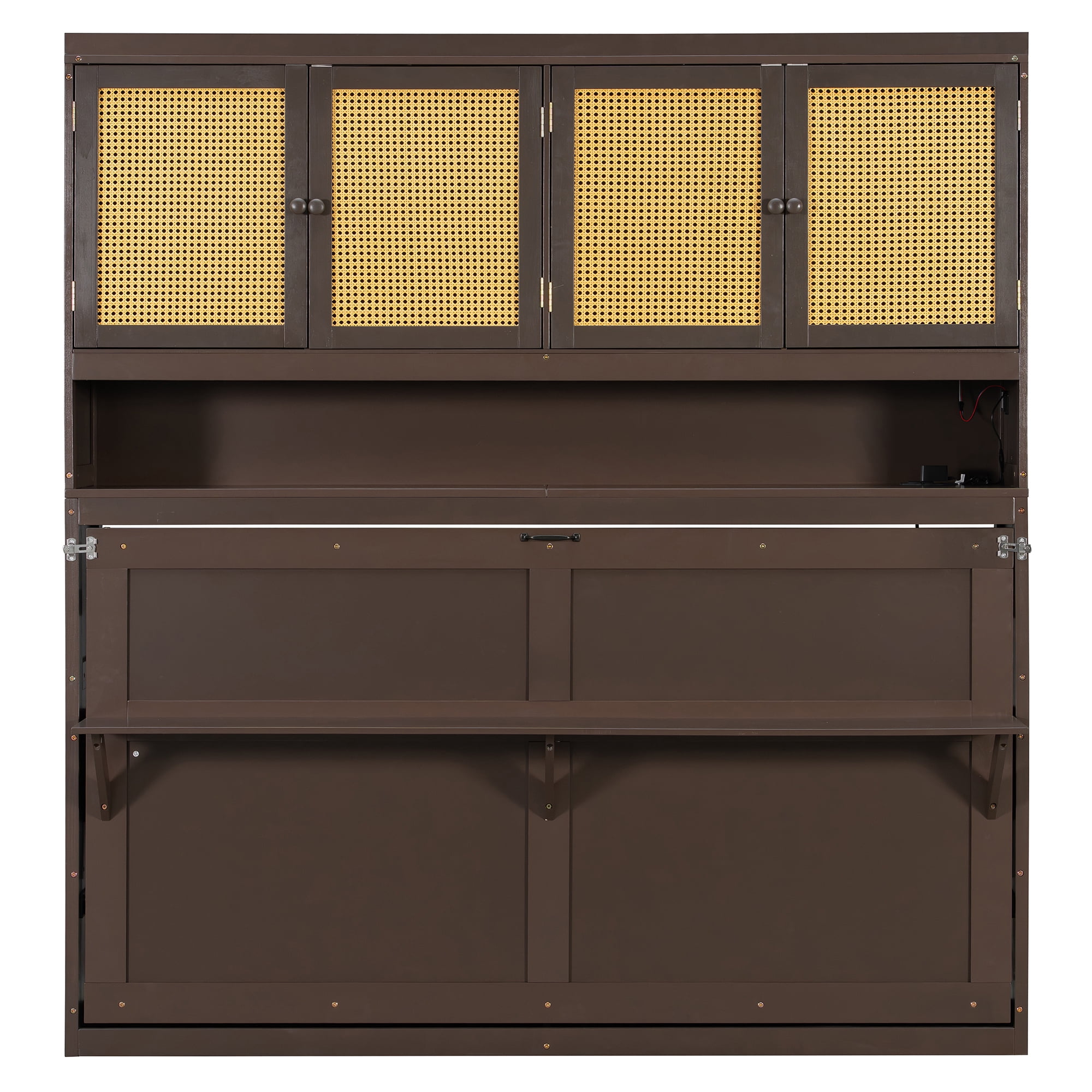 Mintazer Twin Murphy Bed with Rattan Cabinet & Desk, Wall Foldable Bed with Charge Station & LED Lighting for Bedroom Guest Room, Espresso