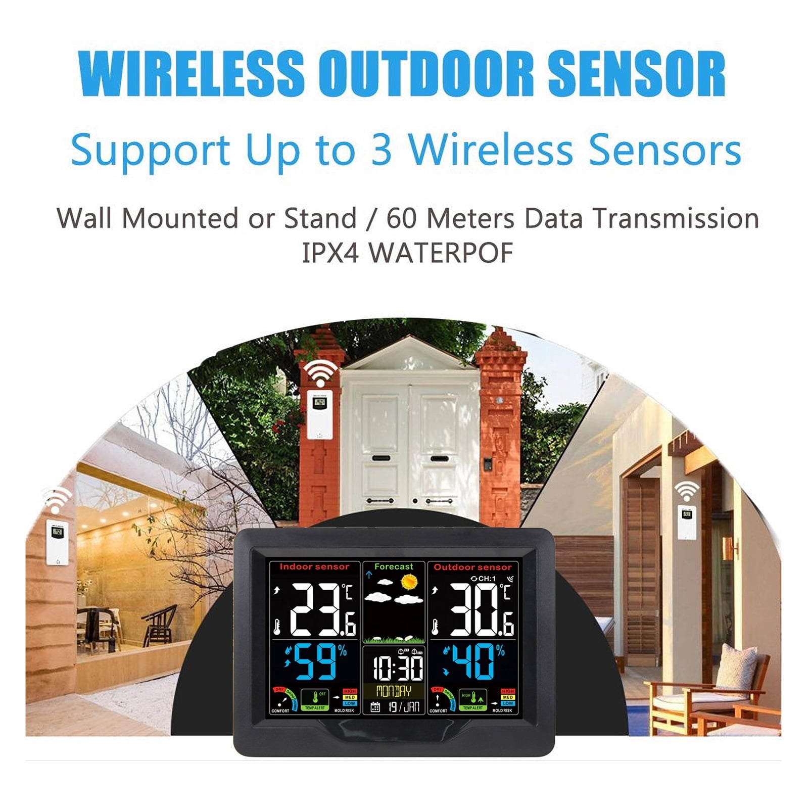 Weather Forecast Station Clock  Indoor Outdoor Color Screen Clock with  Transmitter Digital Temperature and Humidity