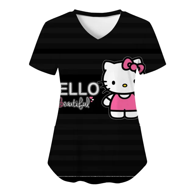 Uniforme de enfermera Sanrio con estampado de dibujos animados para mujer, camiseta de manga corta con cuello en V y bolsillo, ropa de calle Kawaii, moda de Hello Kitty