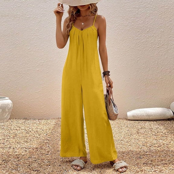 ClodeEU Women's V Neck Button Sleeveless Wide Leg Jumpsuit with Pockets ,Solid Color Casual Long Romper Yellow,Womens Plus XXL
