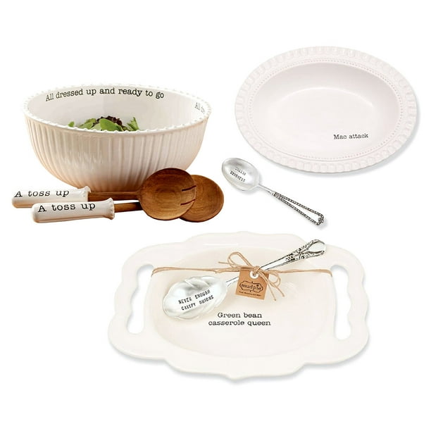 Mozlly Value Pack Mud Pie Ceramic Circa Salad Bowl Set AND Ceramic Green Bean Casserole Queen