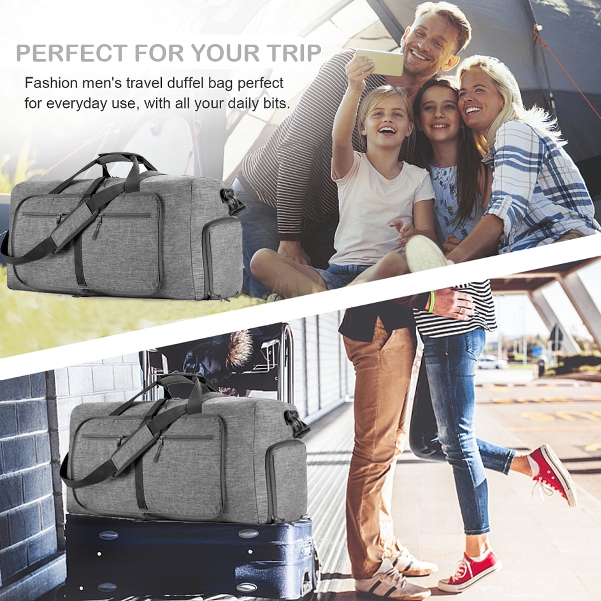 XUEYU 24" Large Travel Duffle Bag for Men, 65L Foldable Travel Duffel Bag with Shoes Compartment, Overnight Bag for Men Women Waterproof, Travel Bag for Traveling Camping Touring, Gray
