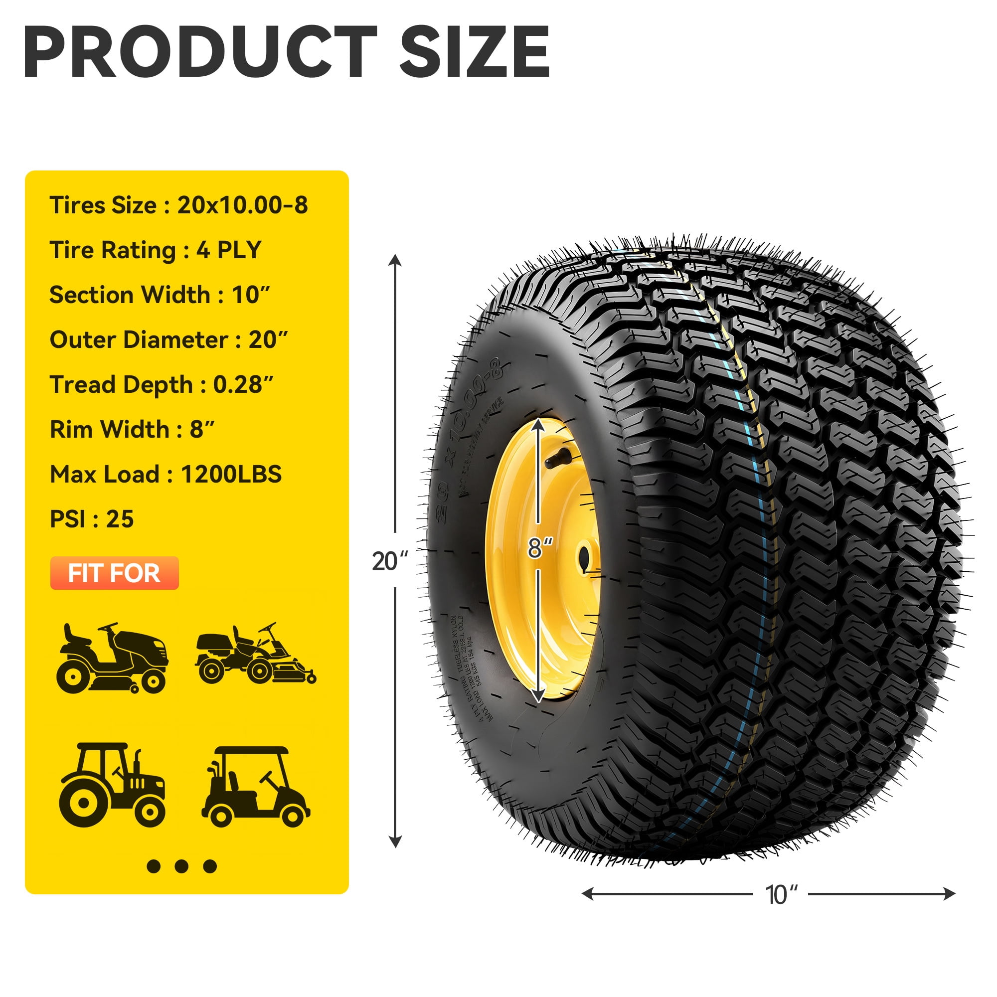 Uforic 20x10.00-8 Lawn Mower Tire & Wheel Assembly, 4 Ply Tubeless Front Replacement Tires, 3/4" Bore, 3/16" Keyway, 1200 LBS Load Capacity for Riding Lawn Tractors & Garden Vehicles, Set of 2