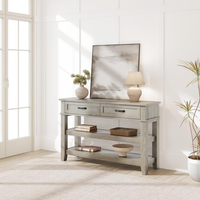 Yiwa Grey Console Table, Farmhouse Style 3-Tier Entryway Table with Dual Storage Drawers for Foyer or Sofa Table