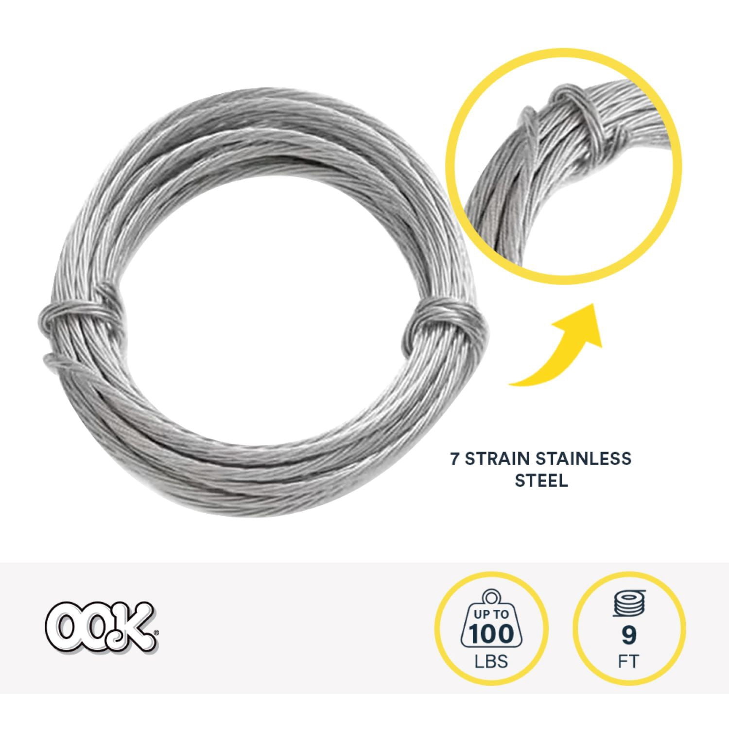 Ook Picture Hanging Wire, 9 ft Wire, 100 lb., Stainless Steel, Plastic Coating, Silver