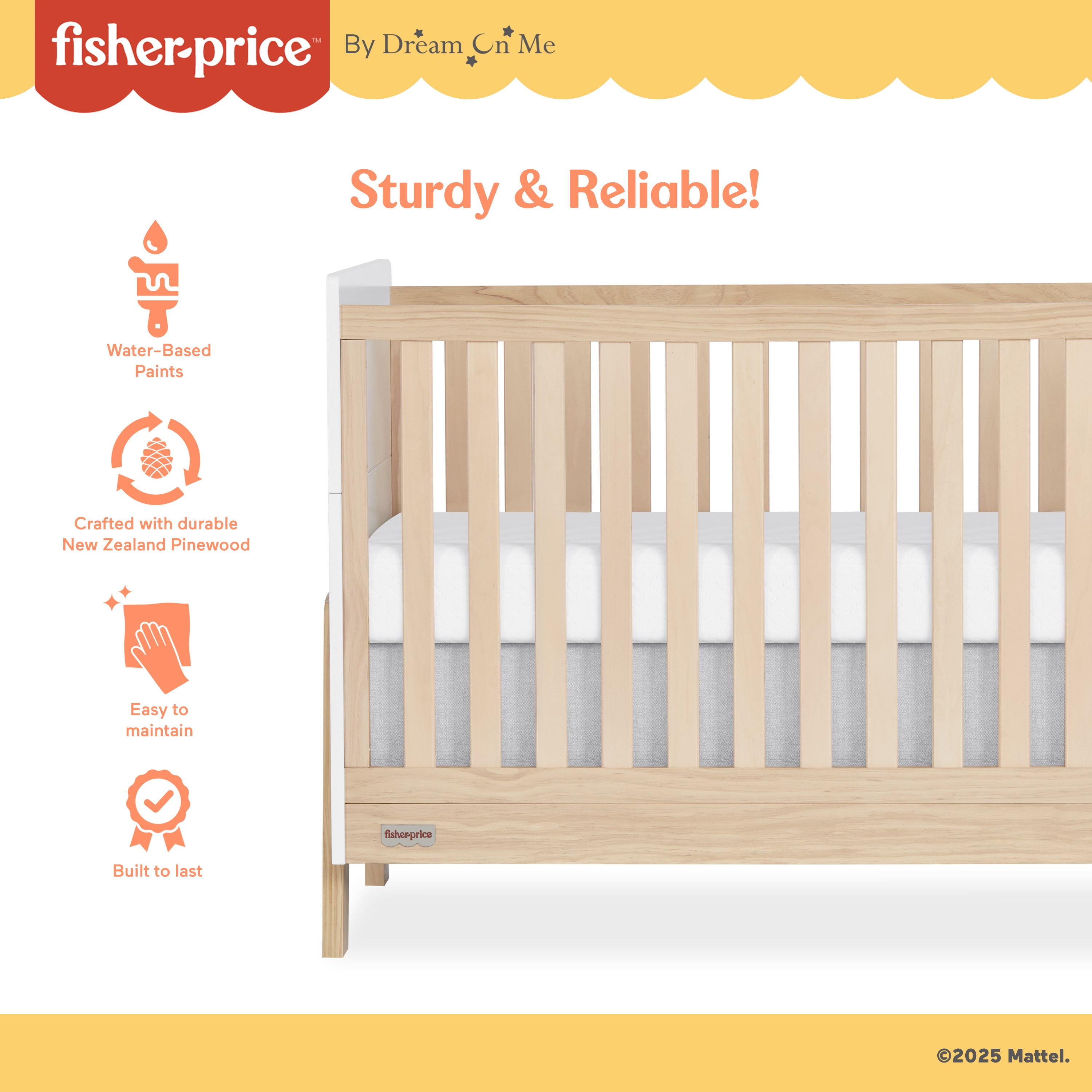 Fisher Price Iris 5-in-1 Convertible Crib by Dream On Me in White + Natural