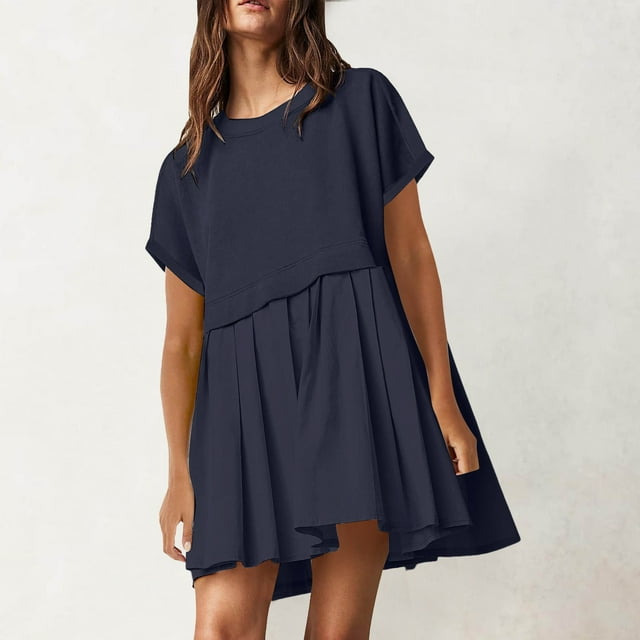 WILLBEST Robe Mignonne Plissée Patchwork Décontractée Manches Courtes Ample
