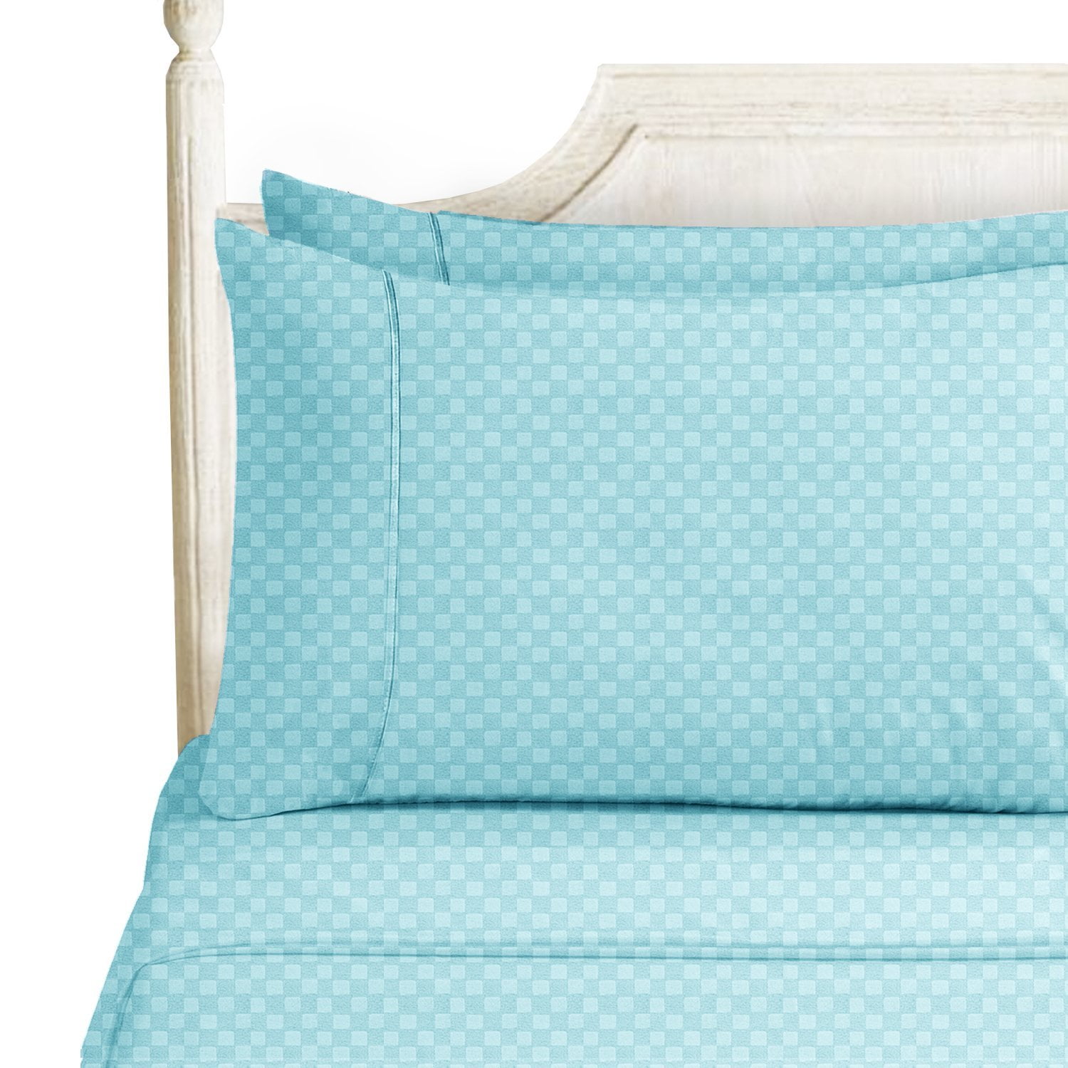 Bed Sheet Bedding Set, Twin, Aqua Light Blue, Elegant Checkerboard
