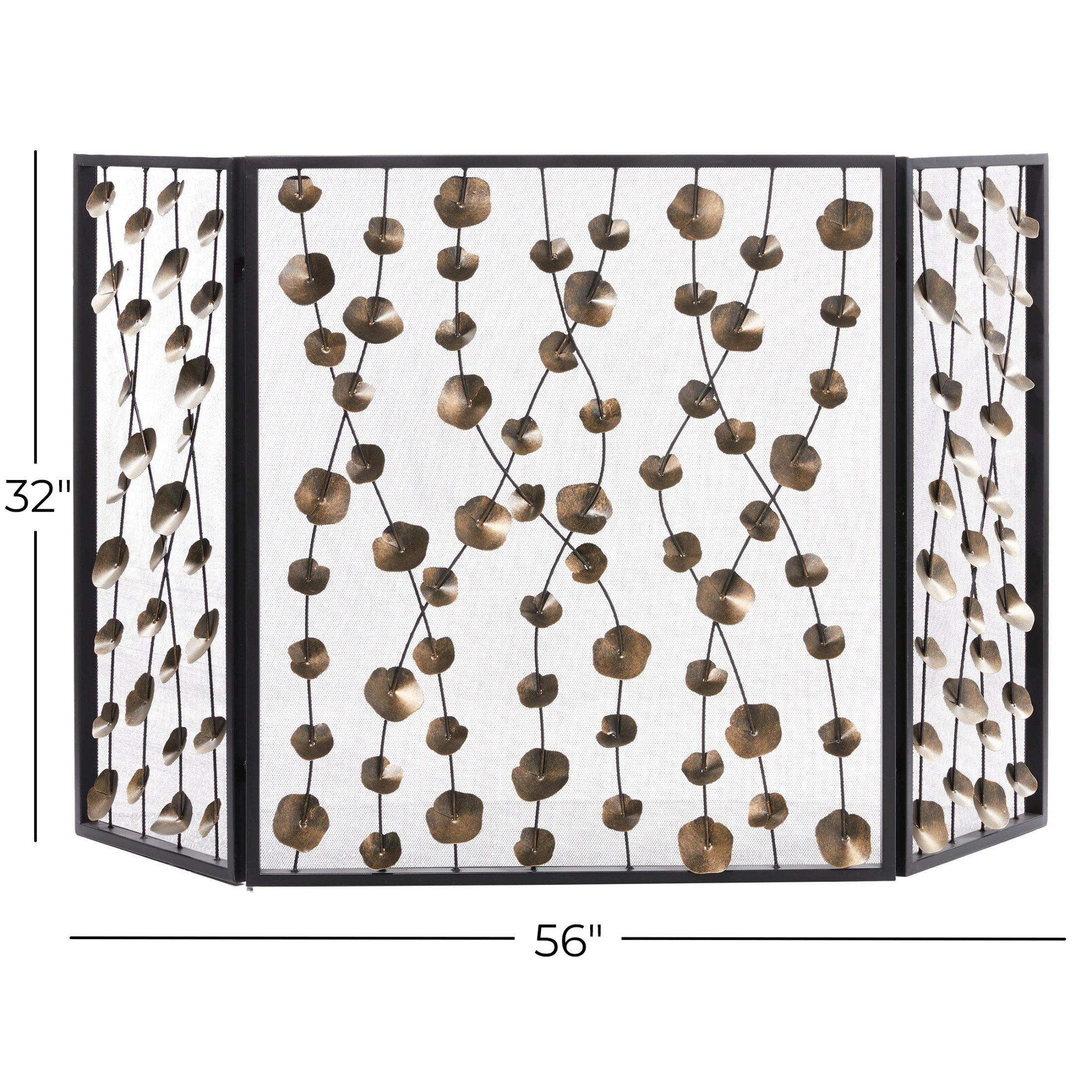 DecMode 56" x 32" Gold Metal Foldable Mesh Netting 3 Panel Floral Fireplace Screen with 3D Floral on Vines, 1-Piece