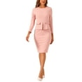 thumbnail image 2 of Vestido de trabajo ajustado de peplum para mujer con cuello redondo, manga larga, cintura alta, midi, color rosa polvo, talla M, 2 of 5