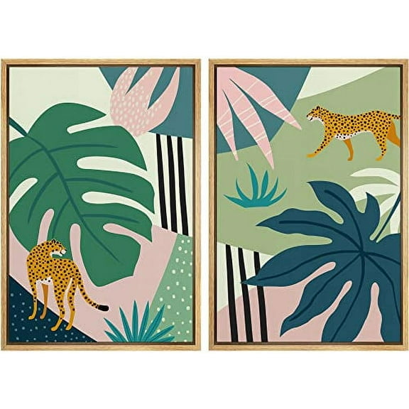 IDEA4WALL Framed Canvas Print Wall Art Set Jungle Cheetahs with Tropical Monstera Leaves Modern Wall Decor Bohemian Nature Artwork for Living Room, Bedroom, Office - Natural 24"x36"x3