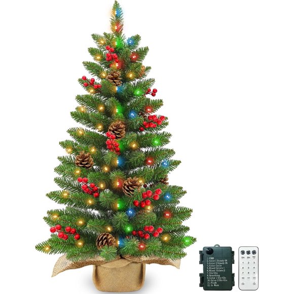 12 Modes & Remote Control - 3 Ft Christmas Tree, Artificial Tabletop Small Christmas Tree Timer 50 Warm White & Multicolored Lights Pine Cones Red Berried Classics Branch Xmas Tree Home Table Decor