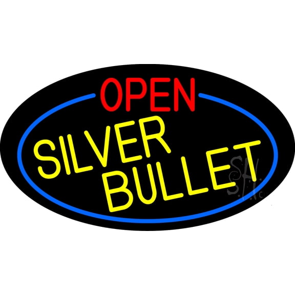 Open Silver Bullet Oval With Blue Border LED Neon Sign 13 x 24 - inches, Clear Edge Cut Acrylic Backing, with Dimmer - Bright and Premium built indoor LED Neon Sign for Bar decor.