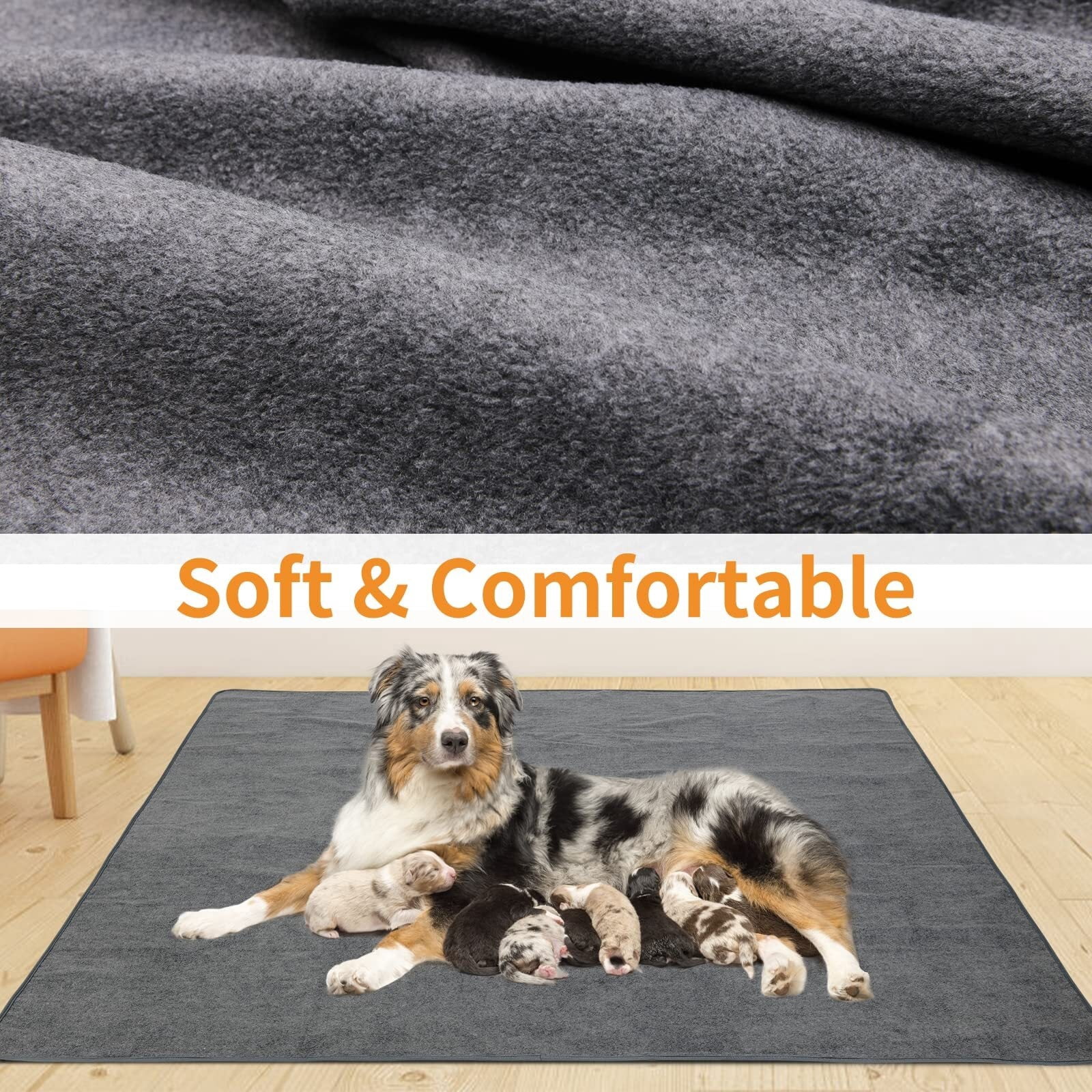 2 Packs Extra Large Reusable Dog Mat for Floor, Non-Slip Washable Pee Pads for Dogs, Fast Absorbent Pet Whelping Pads, Puppy Playpen Mat for Incontinence, Housebreak, Crate, 36x48in, Gray
