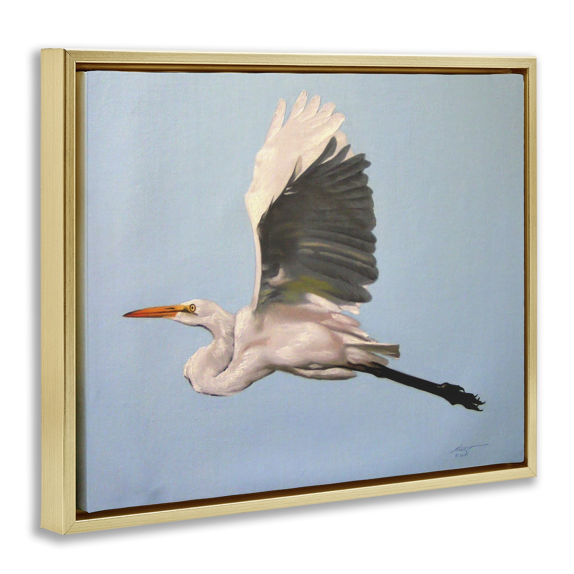 Stupell Industries Graceful Egret Flying Animals & Insects Painting Gold Floater Framed Canvas Art Print Wall Art, 31 x 25