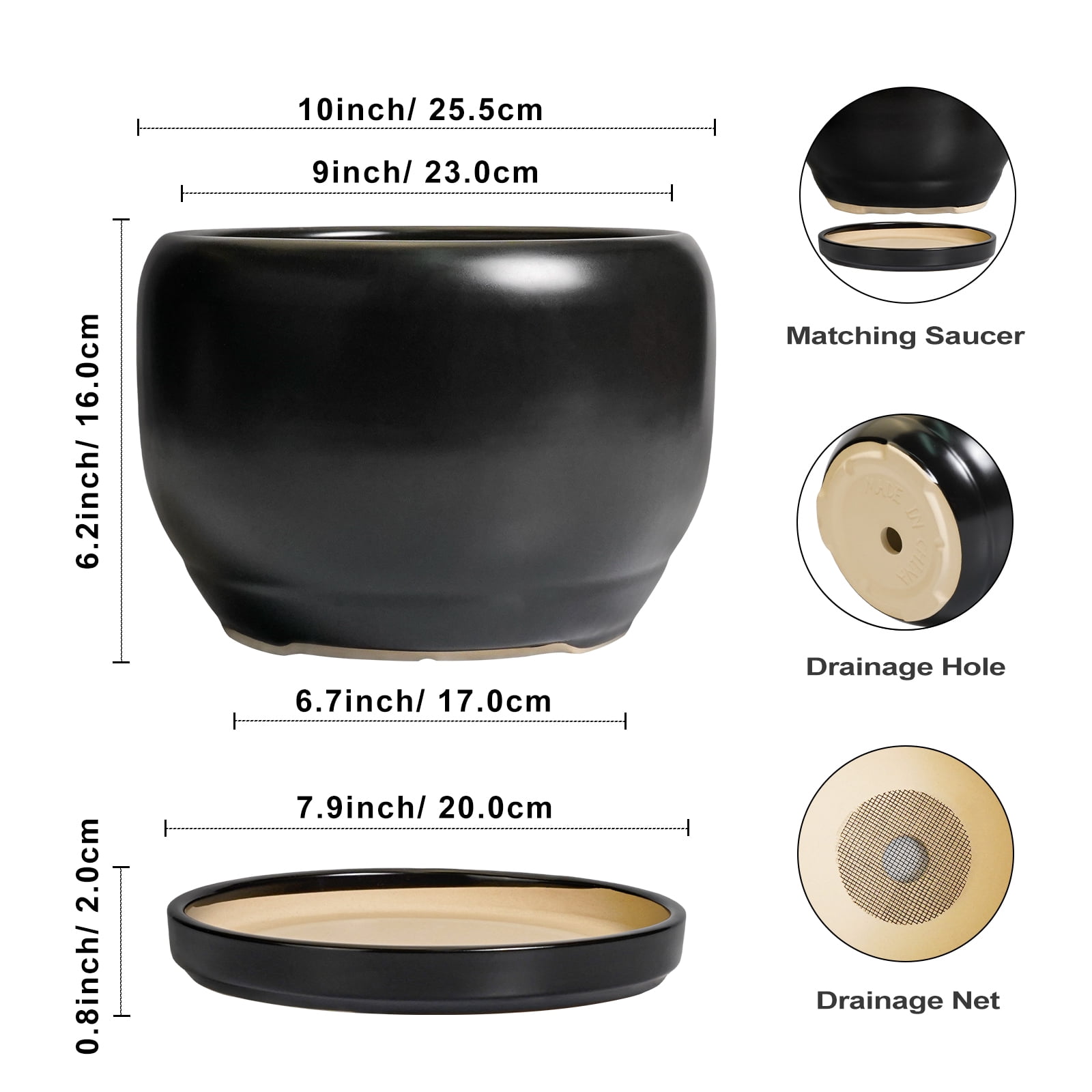 10 inch Pots for Plants, Large Round Ceramic Planter with Saucer & Drainage, Modern Flower Pot for Live Houseplants & Office Decor, Matte Black