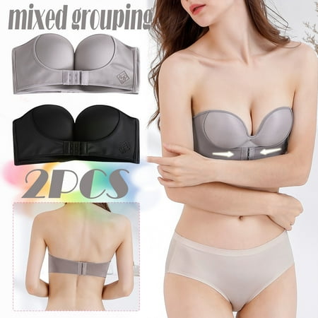 

MIARHB Womens 2PCS Solid Color Strapless Non Slip Adjustment Rimless Dress Bra Black+Gray