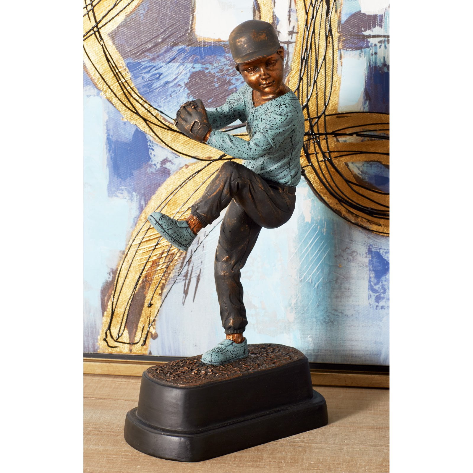 DecMode Traditional Resin Pitching Baseball Player Sculpture, Brown