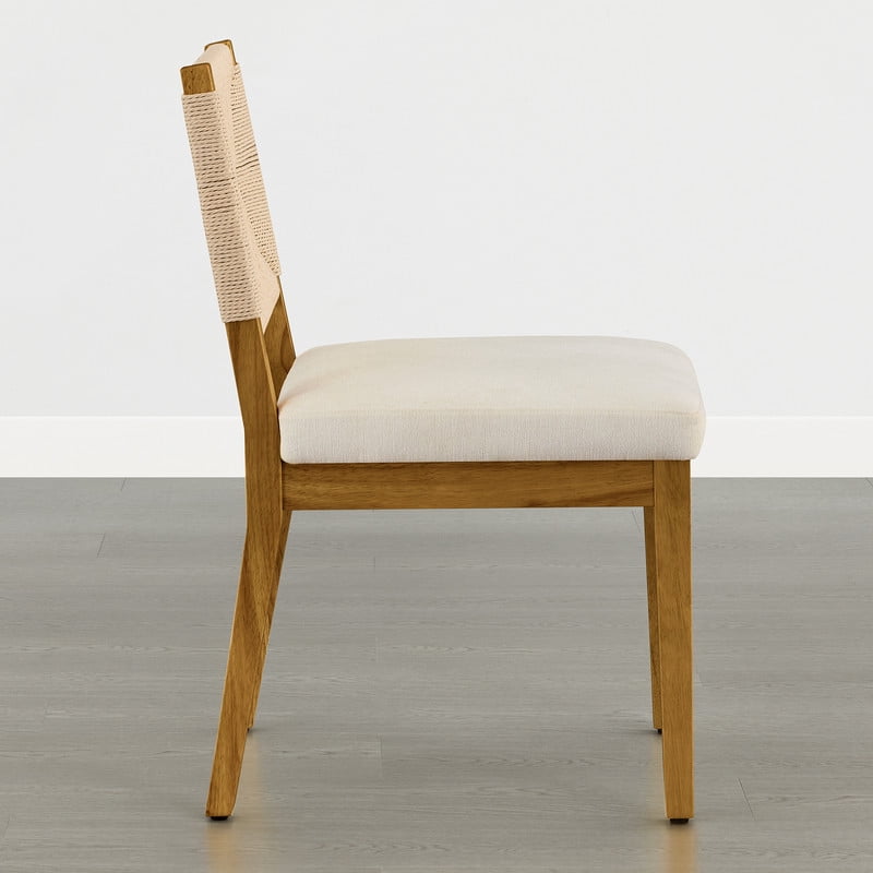 Spruce & Spring Boho Upholstered Dining Chairs Set of 2 with Handwoven Paper Rope Back for Dining Room or Kitchen, Cream Fabric, Walnut
