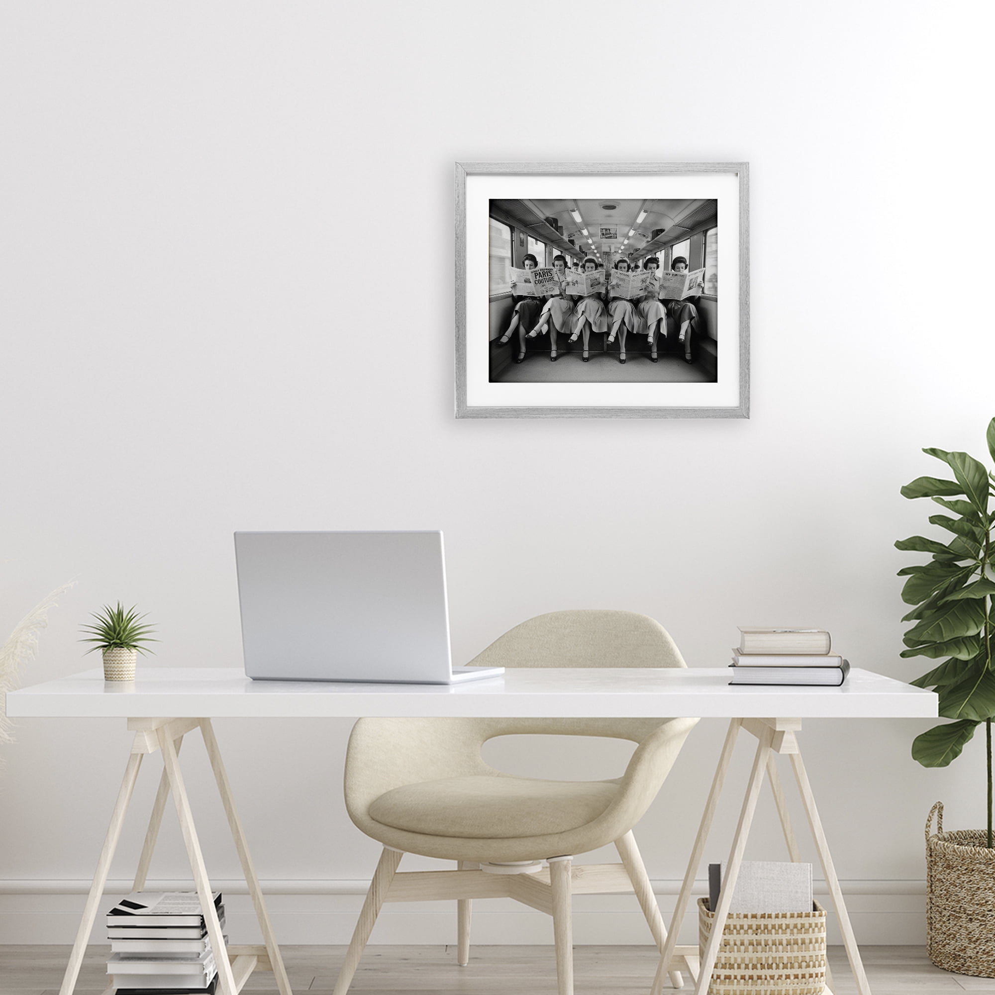 Stupell Industries Newsprint Ladies on Train Gray Framed Print Under Glass, design by A Barefoot Stylist
