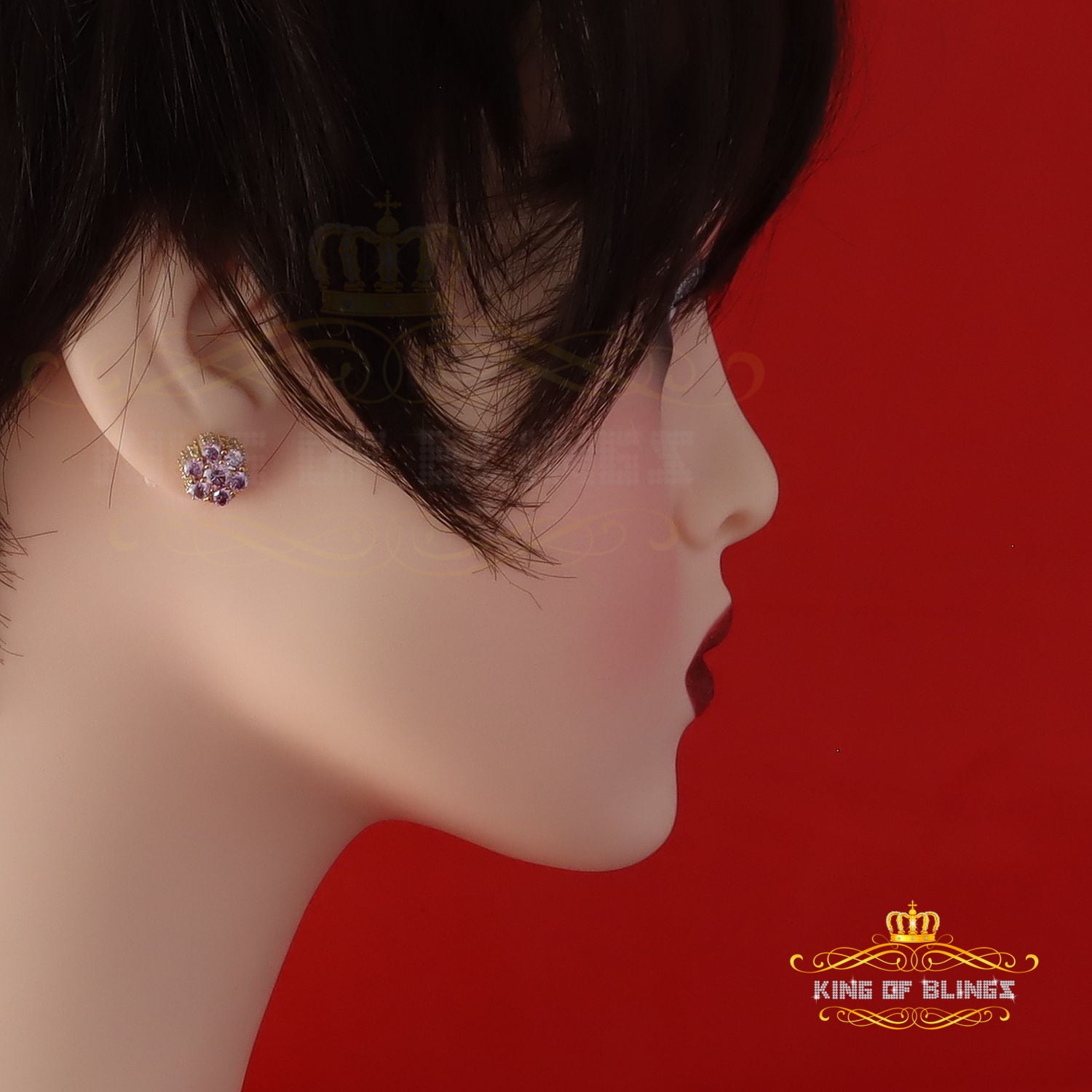 King of Bling's Men/Women's 925 Silver Yellow 2.50ct VVS D Pink Moissanite Floral Stud Earrings